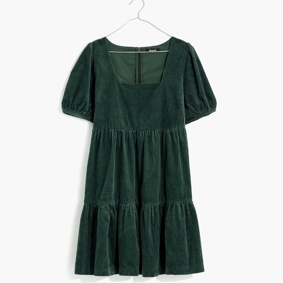 Madewell: Corduroy Aidy Square-Neck Tiered Mini Dress in Forest - Picture 1 of 9